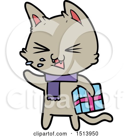 Cartoon Hissing Cat with Christmas Present by lineartestpilot
