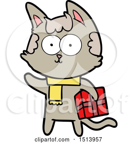 Happy Cartoon Cat with Christmas Present by lineartestpilot