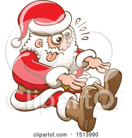 Clipart of a Christmas Santa Claus Trying to Stretch and Touch His Toes - Royalty Free Vector Illustration by Zooco