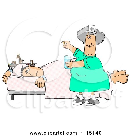 Ill Man Lying On A Hospital Bed Near A Table Of Medicine While A Friendly Nurse Hands Him A Pill And A Glass Of Water For Treatment Clipart Graphic by djart