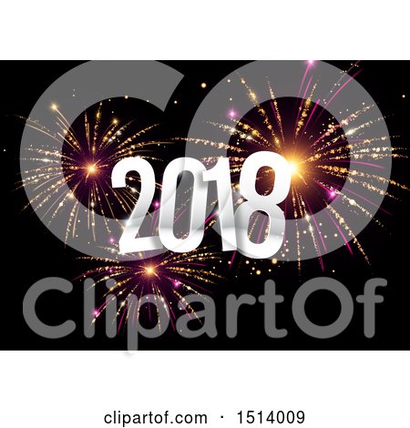 Clipart of a Silver New Year 2018 over New Year Fireworks - Royalty Free Vector Illustration by beboy