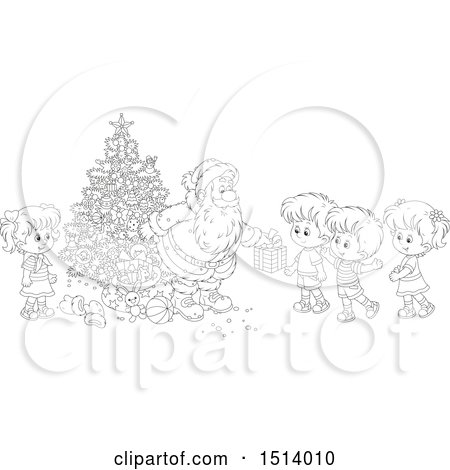 Clipart of a Lineart Group of Children Receiving Christmas Gifts from Santa by a Tree - Royalty Free Vector Illustration by Alex Bannykh