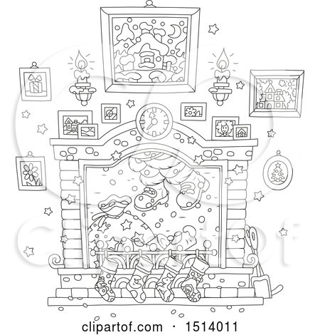Clipart of a Lineart Fireplace with Santa's Feet Emerging from the Chimney - Royalty Free Vector Illustration by Alex Bannykh