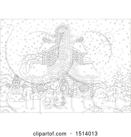 Clipart of a Lineart Christmas Santa by a House on a Winter Night - Royalty Free Vector Illustration by Alex Bannykh
