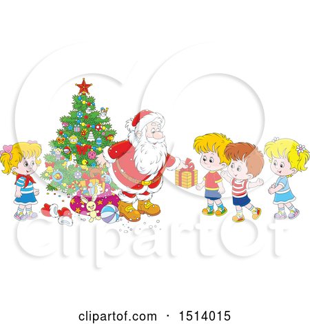 Clipart of a Group of Children Receiving Christmas Gifts from Santa by a Tree - Royalty Free Vector Illustration by Alex Bannykh