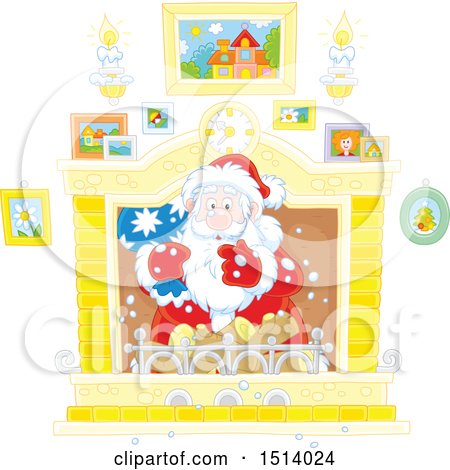 Clipart of a Christmas Santa Holding a Sack in a Fireplace - Royalty Free Vector Illustration by Alex Bannykh