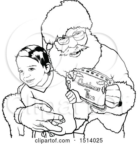 Clipart of a Lineart Happy Boy Sitting on Santa's Lap with a Christmas Time Sign - Royalty Free Vector Illustration by dero