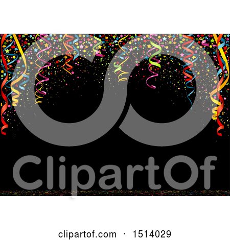 Clipart of a Party Background with Colorful Ribbons and Confetti on Black - Royalty Free Vector Illustration by dero