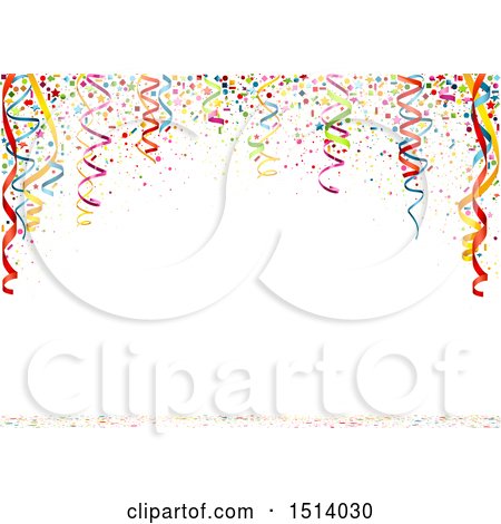 Clipart of a Party Background with Colorful Ribbons and Confetti on White - Royalty Free Vector Illustration by dero