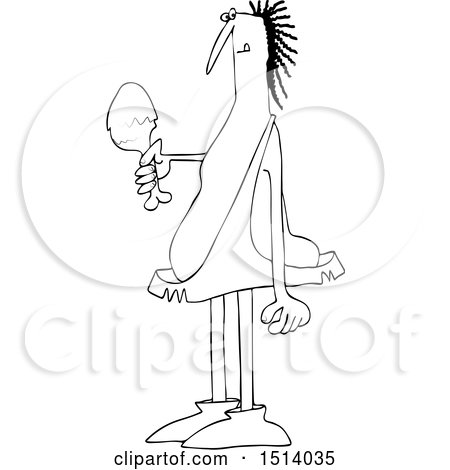 Clipart of a Cartoon Outline Caveman Holding a Meaty Drumstick - Royalty Free Vector Illustration by djart