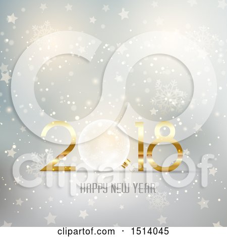 Clipart of a 2018 Happy New Year Design with a Bauble over Stars and Snowflakes - Royalty Free Vector Illustration by KJ Pargeter