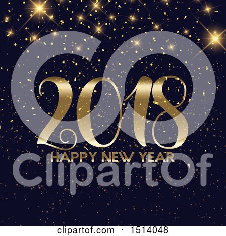 Clipart of a 2018 Happy New Year Design with Golden Confetti and Flares on Black - Royalty Free Vector Illustration by KJ Pargeter