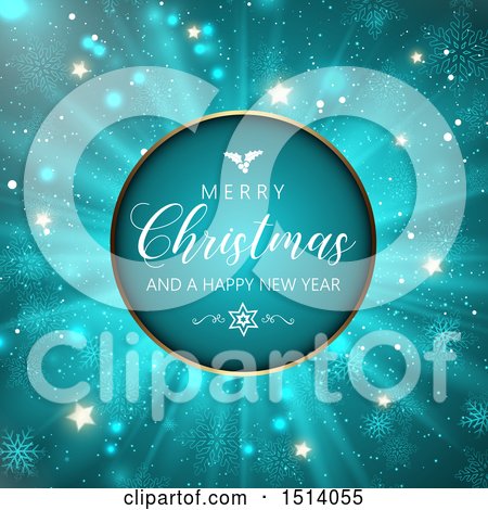 Clipart of a Merry Christmas and a Happy New Year Greeting with a Burst of Flares Snowflakes and Stars - Royalty Free Vector Illustration by KJ Pargeter