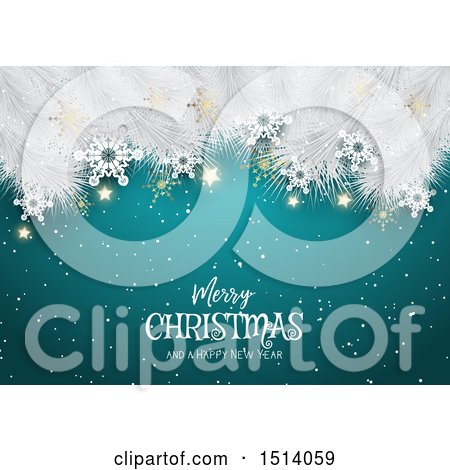 Clipart of a Merry Christmas and a Happy New Year Greeting with White Branches and Snowflakes - Royalty Free Vector Illustration by KJ Pargeter