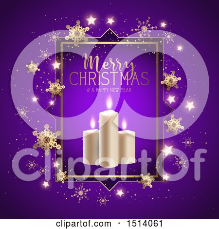 Clipart of a Merry Christmas and a Happy New Year Greeting with Candles Stars and Snowflakes on Purple - Royalty Free Vector Illustration by KJ Pargeter