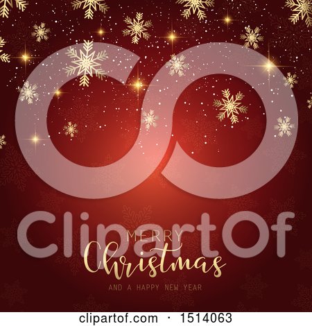 Clipart of a Merry Christmas and a Happy New Year Greeting with Snowflakes and Flares on Red - Royalty Free Vector Illustration by KJ Pargeter