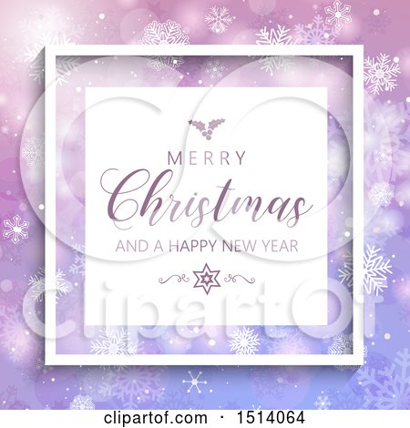 Clipart of a Merry Christmas and a Happy New Year Greeting over Purple with Snowflakes - Royalty Free Vector Illustration by KJ Pargeter
