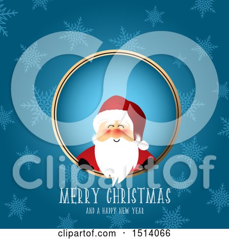 Clipart of a Merry Christmas and a Happy New Year Greeting with Santa in a Frame over Snowflakes - Royalty Free Vector Illustration by KJ Pargeter