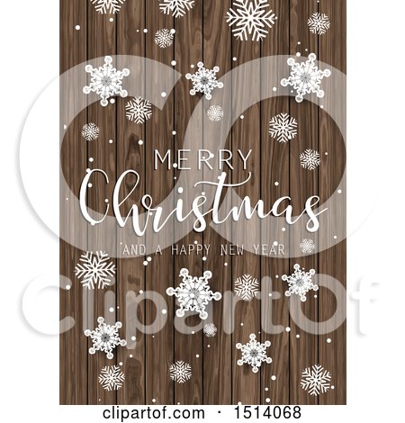 Clipart of a Merry Christmas and a Happy New Year Greeting with Snowflakes on Wood - Royalty Free Vector Illustration by KJ Pargeter