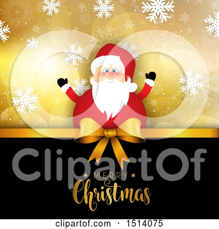 Clipart of a Merry Christmas Greeting with Santa, a Bow and Snowflakes - Royalty Free Vector Illustration by KJ Pargeter