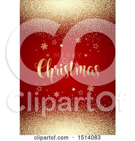 Clipart of a Merry Christmas Greeting with Gold Confetti, Stars and Snowflakes on Red - Royalty Free Vector Illustration by KJ Pargeter