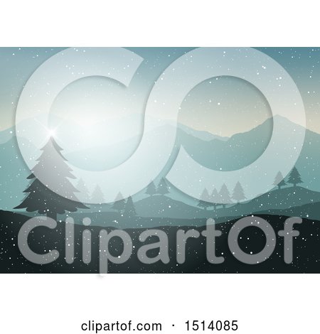 Clipart of a Winter Background with Evergreen Trees, Hills and Mountains - Royalty Free Vector Illustration by KJ Pargeter