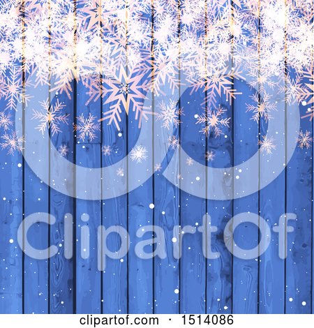 Clipart of a Blue Winter or Christmas Background with Snowflakes over Wood - Royalty Free Vector Illustration by KJ Pargeter