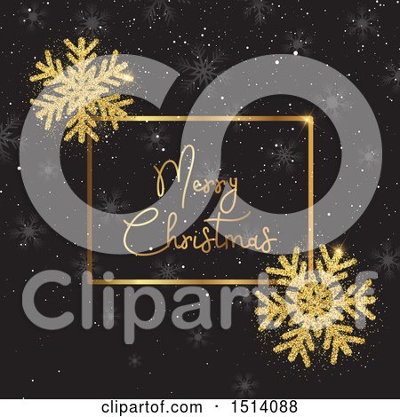 Clipart of a Merry Christmas Greeting in a Frame with Snowflakes on Black - Royalty Free Vector Illustration by KJ Pargeter