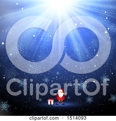 Clipart of a Christmas Santa Claus with a Gift Under a Shining Light and Snowflakes - Royalty Free Vector Illustration by KJ Pargeter
