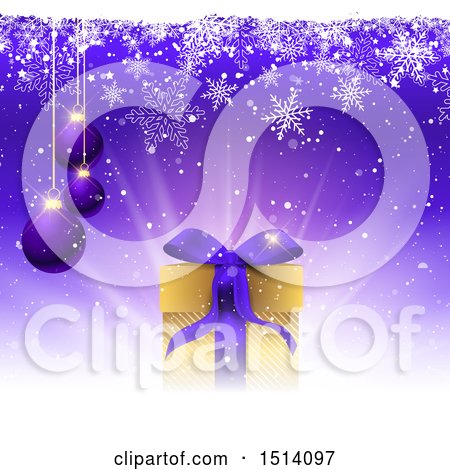 Clipart of a 3d Purple Background with Suspended Christmas Baubles, a Gift and Snowflakes - Royalty Free Vector Illustration by KJ Pargeter