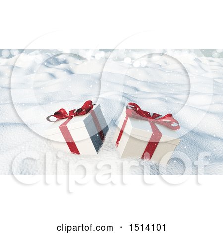Clipart of 3d Christmas Gifts in the Snow - Royalty Free Illustration by KJ Pargeter