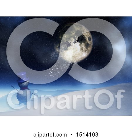 Clipart of a 3d Snowman Watching a Magical Santa Sleigh over a Full Moon - Royalty Free Illustration by KJ Pargeter