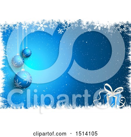 Clipart of a Blue Christmas Background with 3d Baubles and a Gift in a Border of Snowflakes - Royalty Free Vector Illustration by KJ Pargeter