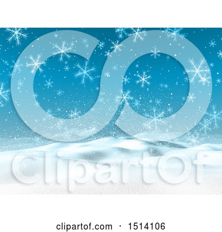 Clipart of a 3d Hilly Snowy Winter Landscape with Snowflakes - Royalty Free Illustration by KJ Pargeter