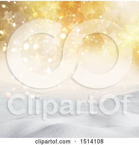 Clipart of a 3d Hilly Snowy Winter Landscape with Gold Stars, Bokeh and Snowflakes - Royalty Free Illustration by KJ Pargeter