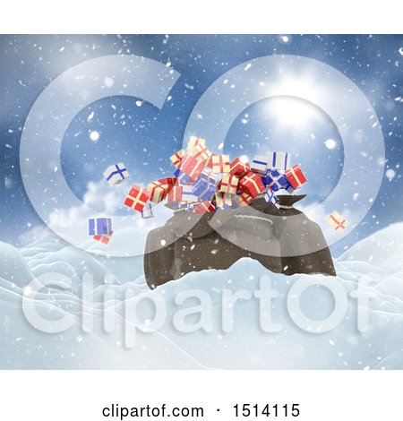 Clipart of a 3d Santa Sack with Christmas Gifts in the Snow - Royalty Free Illustration by KJ Pargeter