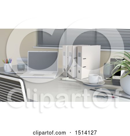 Clipart of a 3d Office Desk with a Laptop and Binders - Royalty Free Illustration by KJ Pargeter
