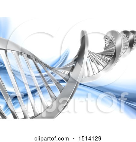 Clipart of a 3d Chrome Dna Strand over Blue Waves - Royalty Free Illustration by KJ Pargeter
