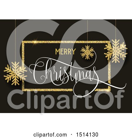 Clipart of a Merry Christmas Greeting in a Gold Glitter Frame with Suspended Snowflakes, over Black - Royalty Free Vector Illustration by KJ Pargeter