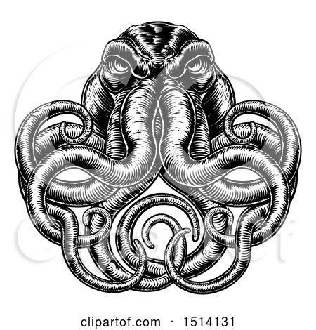 Clipart of a Black and White Retro Woodcut Angry Octopus - Royalty Free Vector Illustration by AtStockIllustration