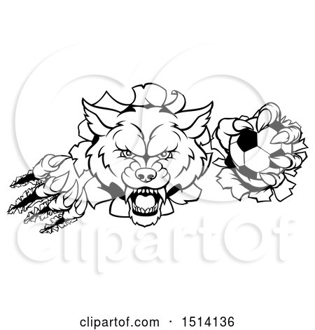Clipart of a Black and White Ferocious Wolf Slashing Through a Wall with a Soccer Ball - Royalty Free Vector Illustration by AtStockIllustration