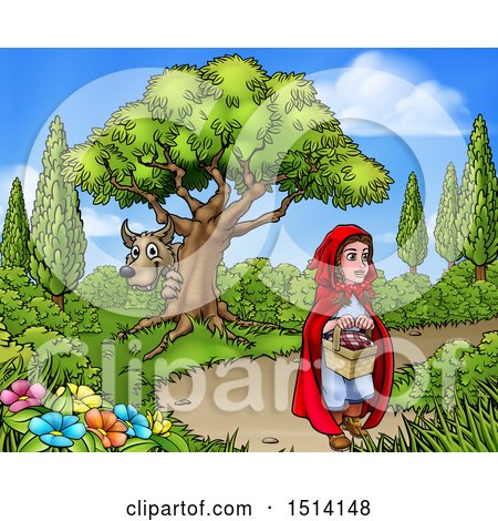 Clipart of a Wolf Stalking Little Red Riding Hood - Royalty Free Vector Illustration by AtStockIllustration