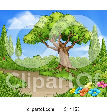 Clipart of a Path Through a Garden with Trees and Flowers - Royalty Free Vector Illustration by AtStockIllustration