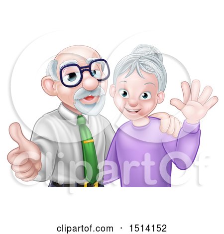 Clipart of a Cartoon Happy Caucasian Senior Couple Waving and Giving a Thumb up - Royalty Free Vector Illustration by AtStockIllustration