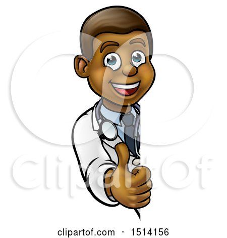 Clipart of a Cartoon Friendly Black Male Doctor Giving a Thumb up Around a Sign - Royalty Free Vector Illustration by AtStockIllustration