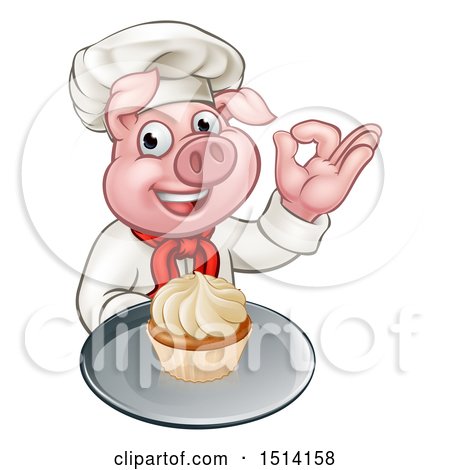 Clipart of a Chef Pig Holding a Cupcake on a Tray and Gesturing Okay - Royalty Free Vector Illustration by AtStockIllustration