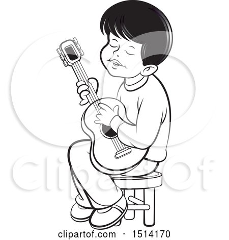 Clipart of a Boy Sitting and Playing a Guitar, Grayscale - Royalty Free Vector Illustration by Lal Perera