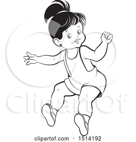 Clipart of a Little Girl Jumping, Grayscale - Royalty Free Vector Illustration by Lal Perera