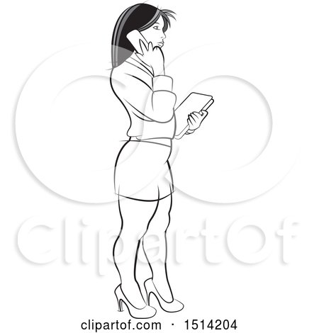 Clipart of a Business Woman Talking on a Cell Phone, Grayscale - Royalty Free Vector Illustration by Lal Perera