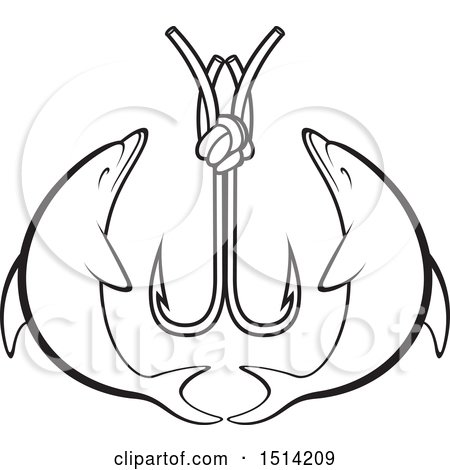 Clipart of a Black and White Fishing Hook with Dolphins - Royalty Free Vector Illustration by Lal Perera